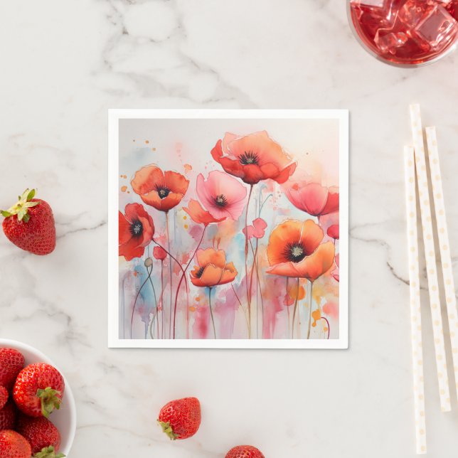 Red Watercolor Poppies in a Field Napkins (Insitu)