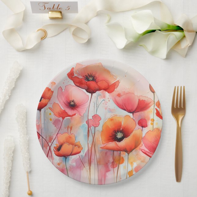 Red Watercolor Poppies in a Field Paper Plates (Wedding)