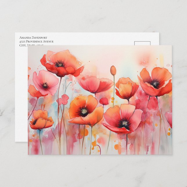 Red Watercolor Poppies in a Field Postcard (Front/Back)