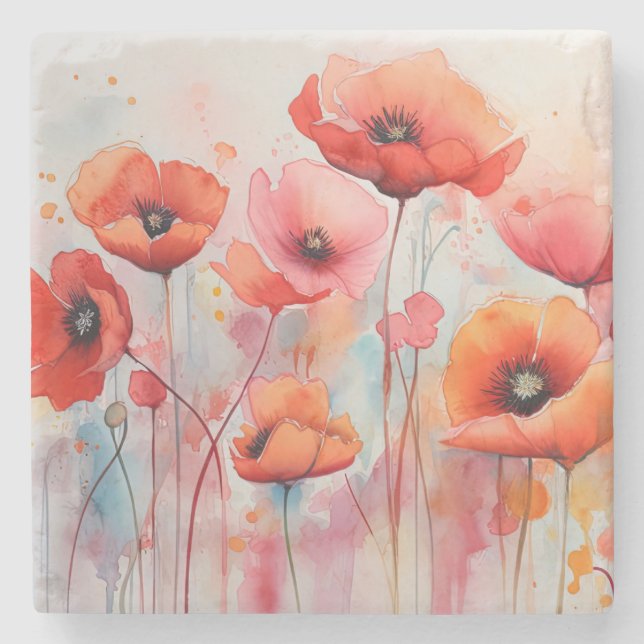 Red Watercolor Poppies in a Field Stone Coaster (Front)
