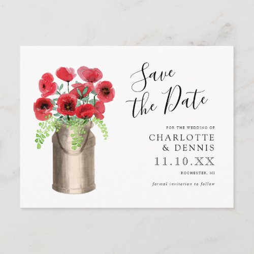 Red watercolor poppies milk bucket save the date postcard