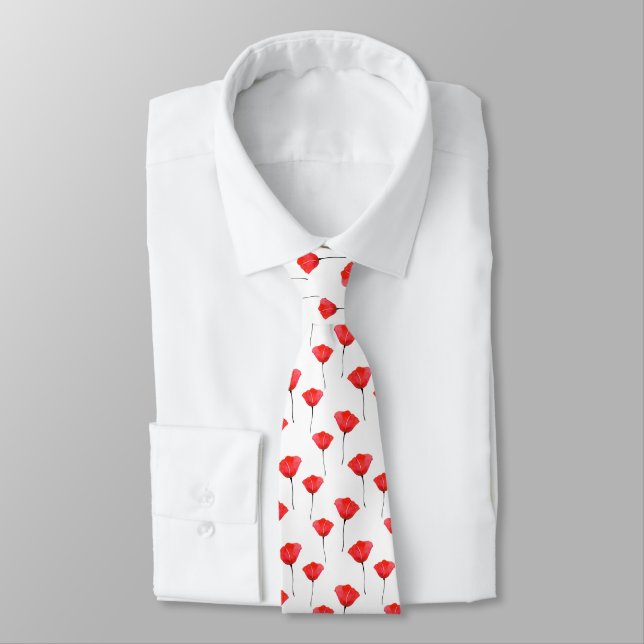 Red Watercolor Poppies Pattern Neck Tie (Tied)