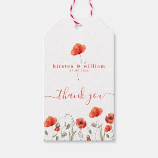 Red Watercolor Poppies, Wedding Thank You