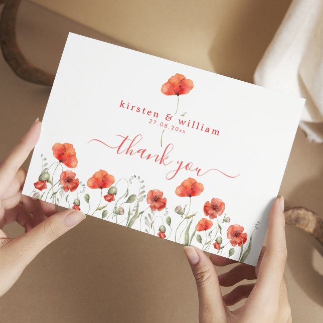 Red Watercolor Poppies, Wedding Thank You  Note Card (Creator Uploaded)
