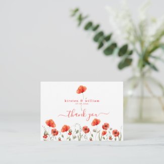 Red Watercolor Poppies, Wedding Thank You 
