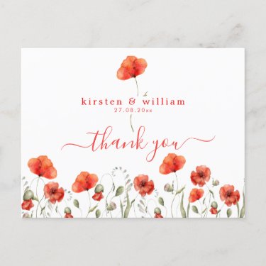 Red Watercolor Poppies, Wedding Thank You Postcard
