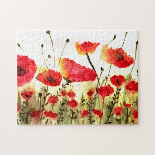 Red Watercolor Poppy Field Jigsaw Puzzle