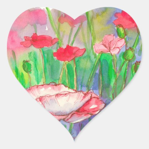 Red Watercolor Poppy Flowers Heart Sticker