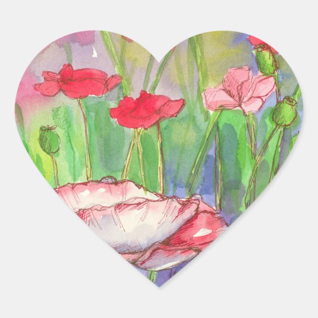 Red Watercolor Poppy Flowers Heart Sticker (Front)
