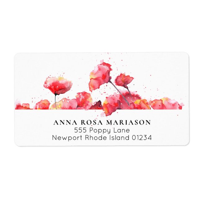 *~* Red Watercolor Poppy Modern Floral Shipping Label (Front)