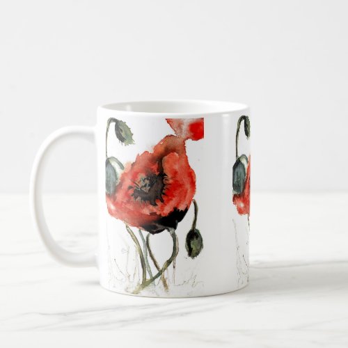 Red watercolor poppy seed flowers coffee mug