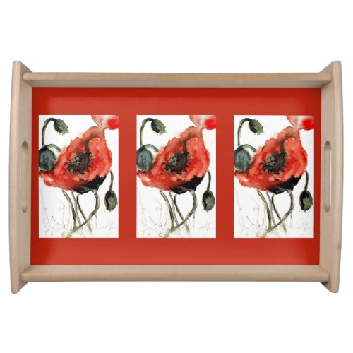 Red watercolor poppy seed flowers serving tray