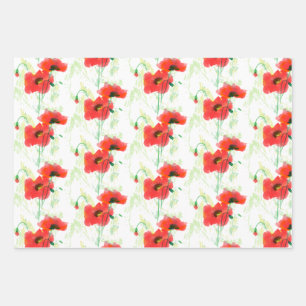 Red watercolor poppy wrapping paper sheets
