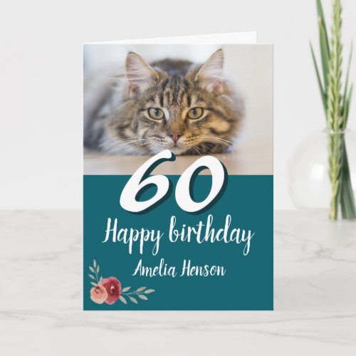 Red Watercolor Rose Cat Photo 60th Birthday 
