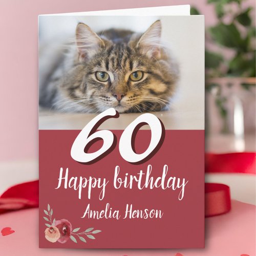 Red Watercolor Rose Cat Photo 60th Birthday  Card