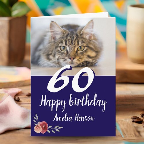 Red Watercolor Rose Cat Photo 60th Birthday 