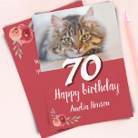 Red Watercolor Rose Cat Photo 70th Birthday<br><div class="desc">Red Watercolor Rose Cat Photo 70th Birthday Card. Watercolor roses in red and orange colors. A photo of a cat for cat lovers. Add name and message on the backside.</div>