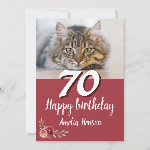 Red Watercolor Rose Cat Photo 70th Birthday - Red Watercolor Rose Cat Photo 70th Birthday Card. Watercolor roses in red and orange colors. A photo of a cat for cat lovers. Add name and message on the backside.