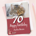 Red Watercolor Rose Cat Photo 70th Birthday Card<br><div class="desc">Red Watercolor Rose Cat Photo 70th Birthday Card. Watercolor roses in red and orange colors. A photo of a cat for cat lovers. Add name and message inside.</div>