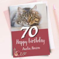 Red Watercolor Rose Cat Photo 70th Birthday