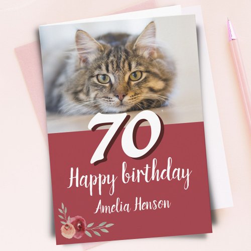 Red Watercolor Rose Cat Photo 70th Birthday Card