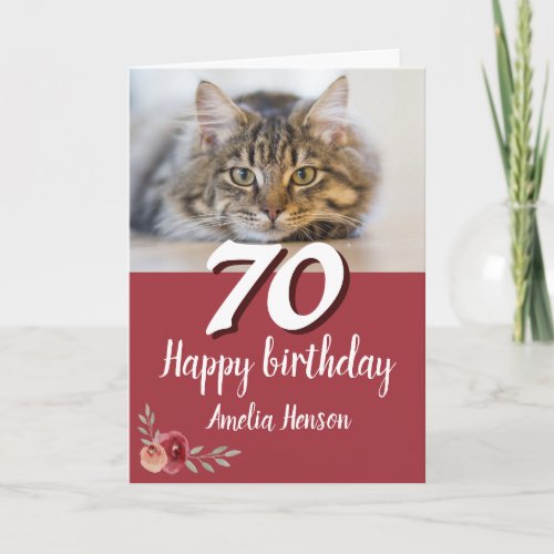 Red Watercolor Rose Cat Photo 70th Birthday Card - Red Watercolor Rose Cat Photo 70th Birthday Card. Watercolor roses in red and orange colors. A photo of a cat for cat lovers. Add name and message inside.
