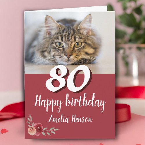 Red Watercolor Rose Cat Photo 80th Birthday  Card