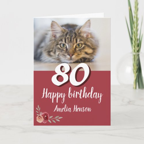 Red Watercolor Rose Cat Photo 80th Birthday  Card