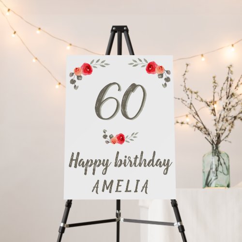 Red Watercolor Rose Floral 60th Birthday Party Foam Board - Red Watercolor Rose Floral 60th Birthday Party Foam Board. Floral design with red roses and twigs. The text is in a trendy script. Great party board for a woman celebrating the sixtieth birthday. Add your name - you can customize any text on the banner.