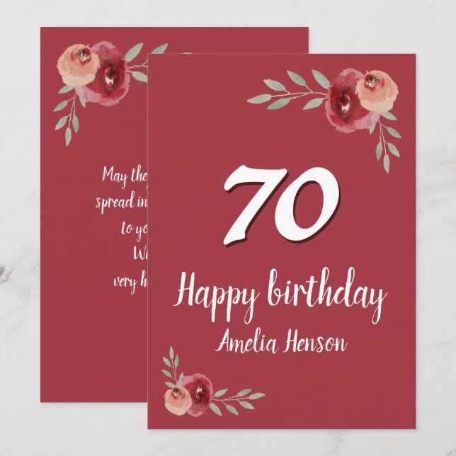 Red Watercolor Rose Floral 70th Birthday (Front/Back)