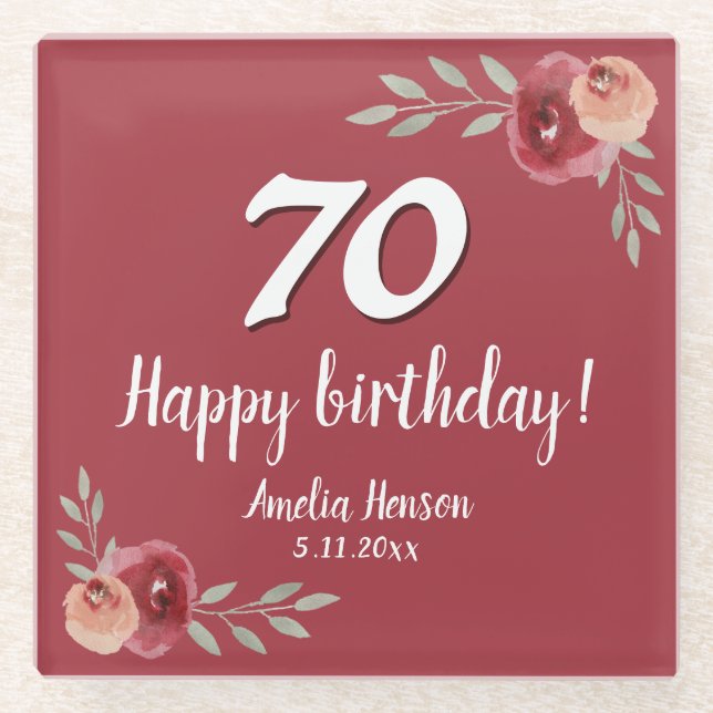 Red Watercolor Rose Floral 70th Birthday Glass Coaster (Front)