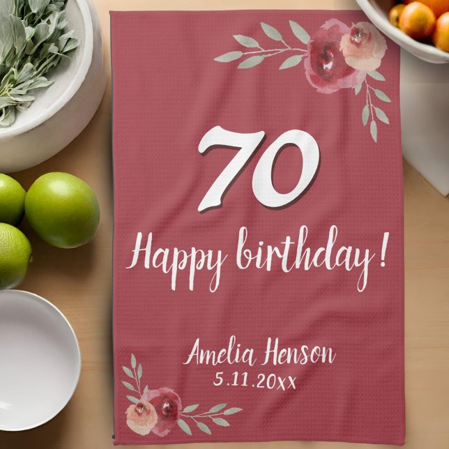 Red Watercolor Rose Floral 70th Birthday Kitchen Towel (Creator Uploaded)