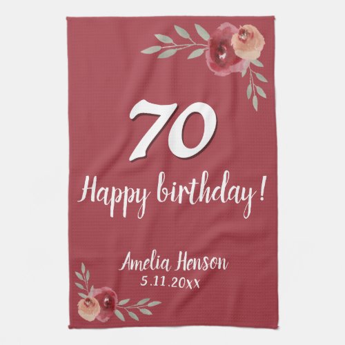 Red Watercolor Rose Floral 70th Birthday Kitchen Towel - Red Watercolor Rose Floral 70th Birthday kitchen towel. Watercolor roses in red and orange colors. Add name and celebration date. You can change the age number.
