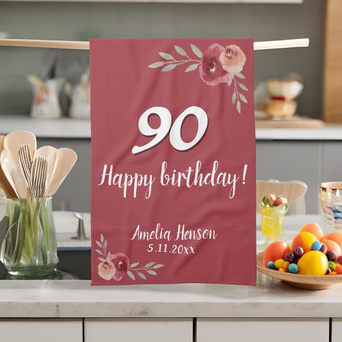 Red Watercolor Rose Floral 90th Birthday Kitchen Towel