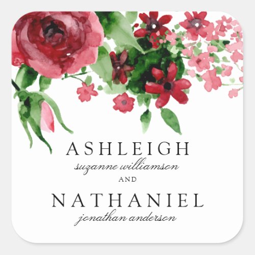 Red Watercolor Rose & Flowers | Formal Wedding Square Sticker