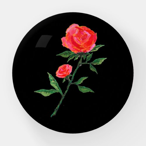 Red Watercolor Rose on Black Paperweight