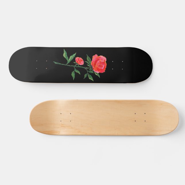 Red Watercolor Rose on Black Skateboard | Zazzle