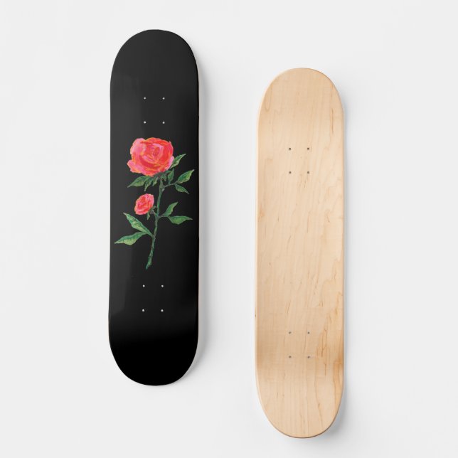 Red Watercolor Rose on Black Skateboard | Zazzle