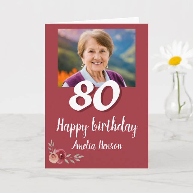 Red Watercolor Rose Photo 80th Birthday  Card (Small Plant)