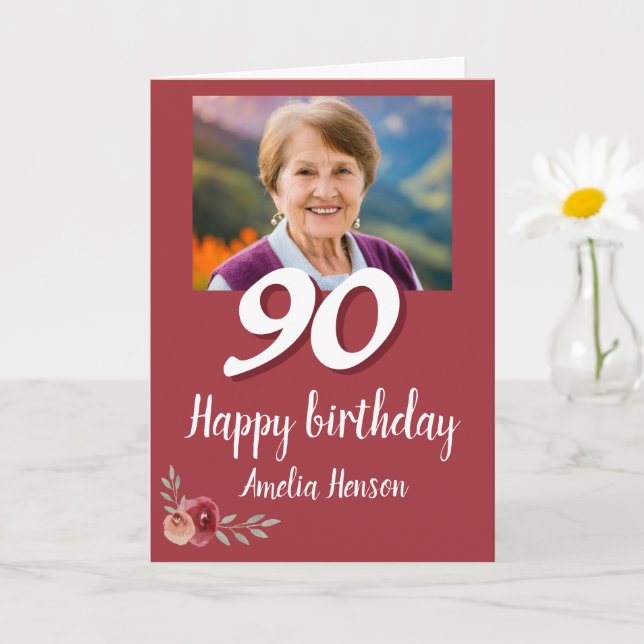 Red Watercolor Rose Photo 90th Birthday  Card (Small Plant)