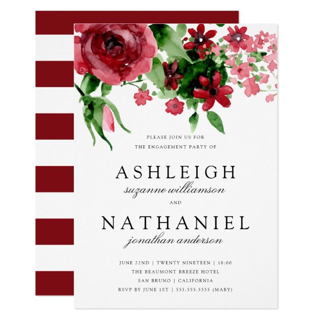 Red Watercolor Rose & Stripes | Engagement Party Invitation