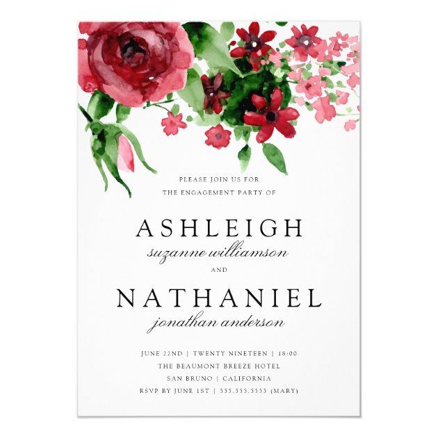 Red Watercolor Rose & Stripes | Engagement Party Invitation