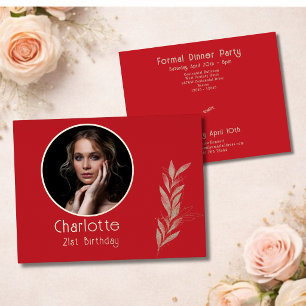 Red Watercolor RoseGold Leaf Photo 21st Birthday  Foil Invitation Postcard