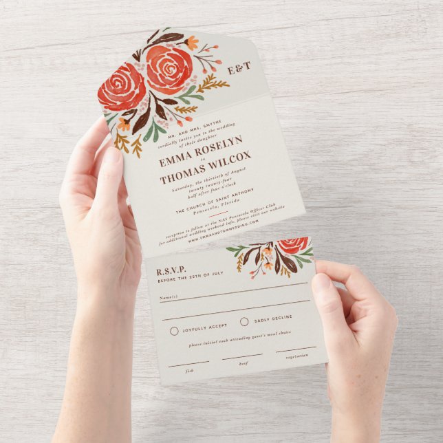 Red Watercolor Roses Fall Wedding All In One Invitation (Tearaway)