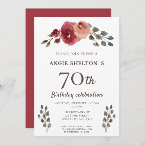 Red Watercolor Roses Floral 70th Birthday Party Invitation - Red Watercolor Roses Floral 70th Birthday Party Invitation for her. Beautiful red watercolor roses. The text is fully customizable -  personalize it with your name, age, date, location and RSVP.  Perfect for a woman who is celebrating her seventieth birthday. 
