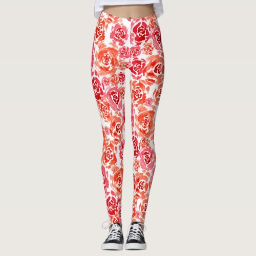 Red Watercolor Roses Floral Pattern Leggings