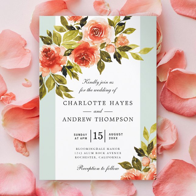 Red Watercolor Roses Mint and White Wedding Invitation (Creator Uploaded)
