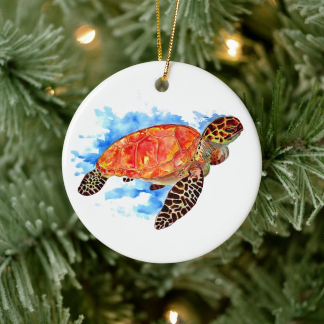 Red Watercolor Sea Turtle Ceramic Ornament (Tree)