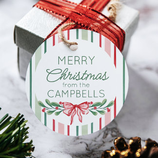 Red Watercolor Sprigs Bow Merry Christmas Favor Tags