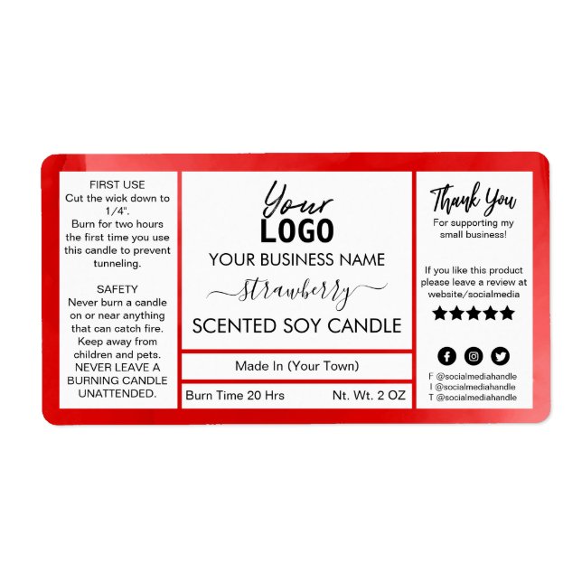Red Watercolor Strawberry Scented Soy Candle Label (Front)